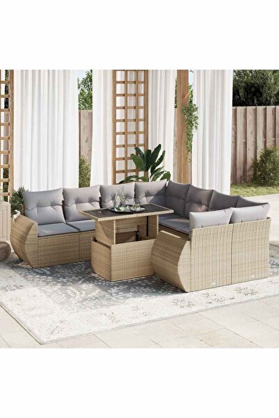 vidaxl Set canapele de gradina, 9 piese, cu perne, bej, poliratan