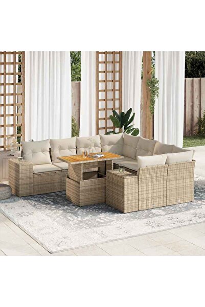 vidaxl Set canapele de gradina, 9 piese, cu perne, bej, poliratan