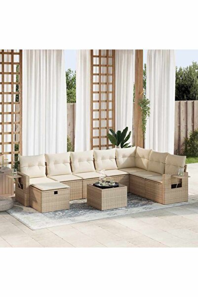 vidaxl Set canapele de gradina, 9 piese, cu perne, bej, poliratan