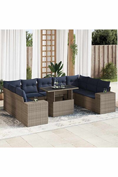 vidaxl Set mobilier de gradina cu perne, 10 piese, gri, poliratan