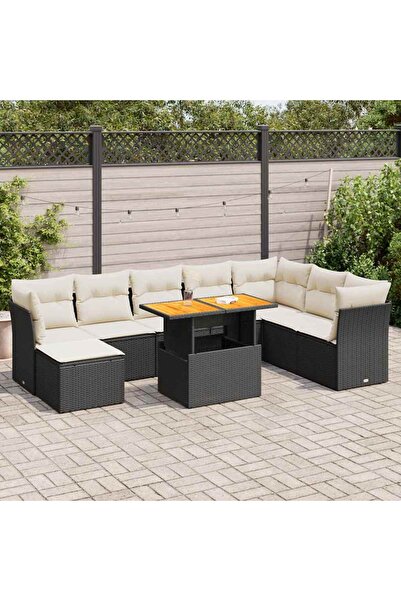 vidaxl Set mobilier de gradina cu perne, 9 piese, negru, poliratan