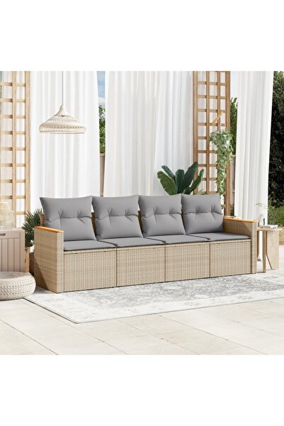 vidaxl Set canapele de gradina, 4 piese, cu perne, mix bej, poliratan