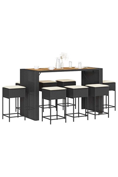 vidaxl Set mobilier bar de gradina cu perne, 9 piese, negru, poliratan