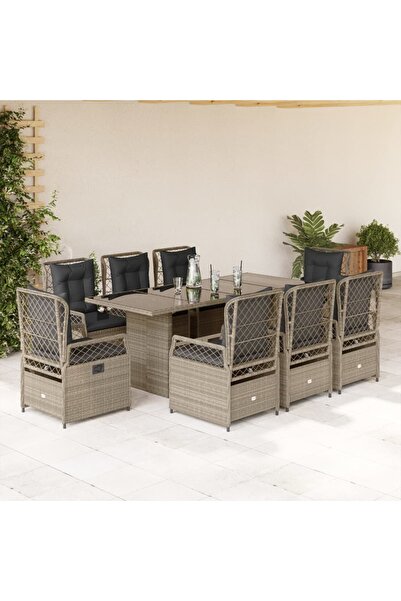 vidaxl Set mobilier gradina cu perne, 9 piese, gri deschis, poliratan