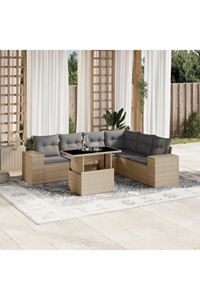 vidaxl Set canapele de gradina, 7 piese, cu perne, bej, poliratan
