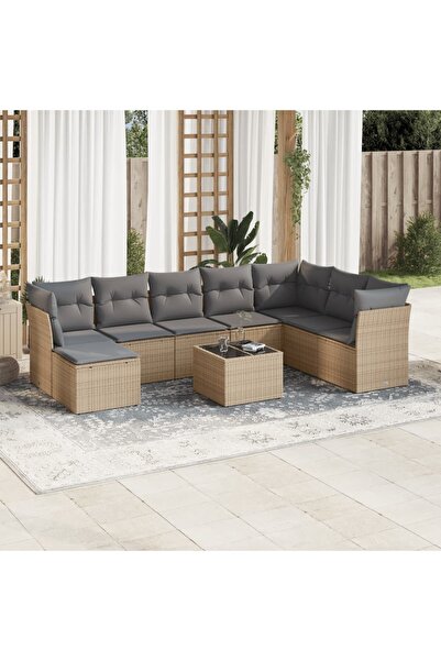 vidaxl Set canapele de gradina, 9 piese, cu perne, bej, poliratan