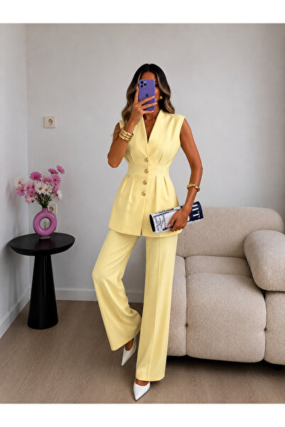 Ekim Store Gold Düğmeli Pileli Yelek Pantolon Blazer Takım