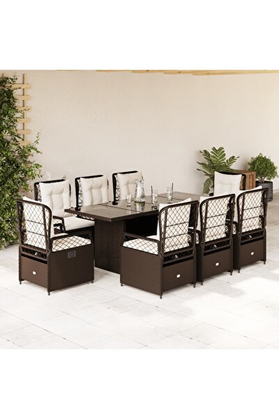 vidaxl Set mobilier de gradina cu perne, 9 piese, maro, poliratan