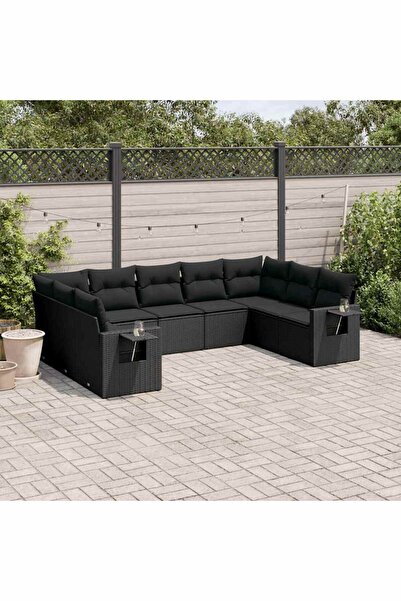 vidaxl Set mobilier de gradina cu perne, 9 piese, negru, poliratan