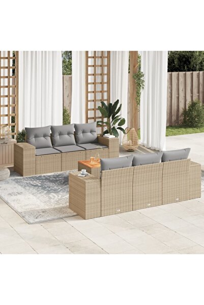 vidaxl Set canapele de gradina, 7 piese, cu perne, bej, poliratan