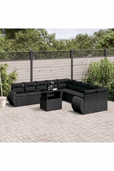 vidaxl Set canapele de gradina cu perne, 11 piese, negru, poliratan
