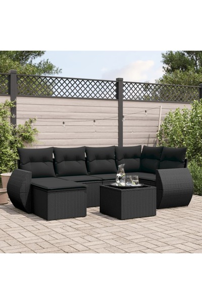 vidaxl Set canapele de gradina cu perne, 7 piese, negru, poliratan