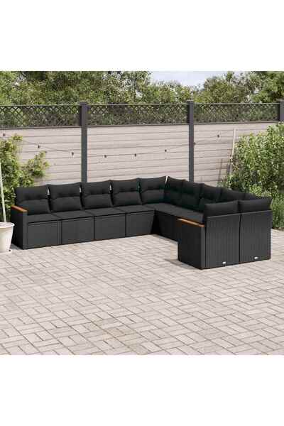 vidaxl Set canapele de gradina cu perne, 10 piese, negru, poliratan