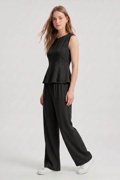 Rays Set bluză peplum neagră cu mâneci zero și pantaloni largi 18007