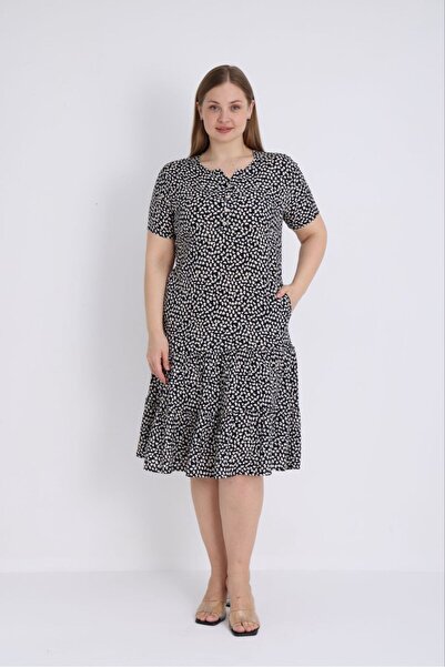 STELLETO Patterned Buttoned Notched Collar Short Sleeve Double Ruffle Cotton Viscose Plus Size Summer Casual Dress