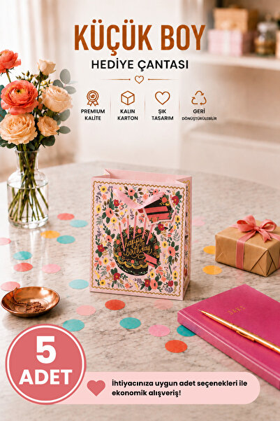 Daks 5 ADET (15.4 x 18.4 x 7.6 cm) - Doğum Günü Pastalı Çiçek Desenli Küçük B...