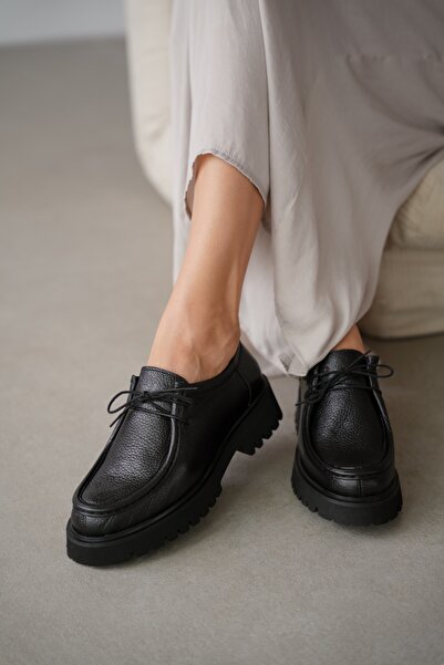 selin shoes Orsel Hakiki Deri Bağcıklı Kadın Loafer- SİYAH