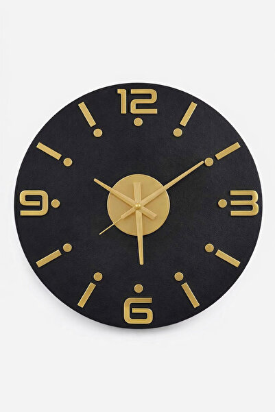 AS TASARIM LAZER Decorative wooden wall clock - black wood with gold plexigla...