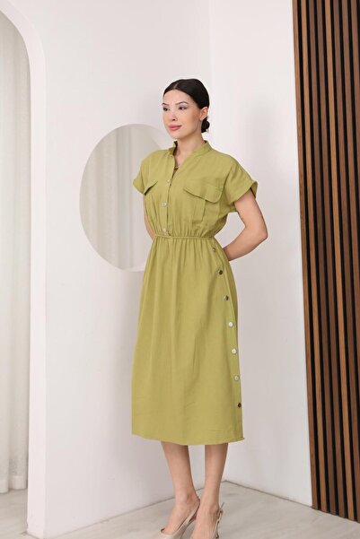 FAMODA Khaki Linen Look Midi Dress with Elastic Waist and Pockets