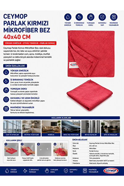Ceymop Parlak Kırmızı Mikrofiber Bez 40x40 cm