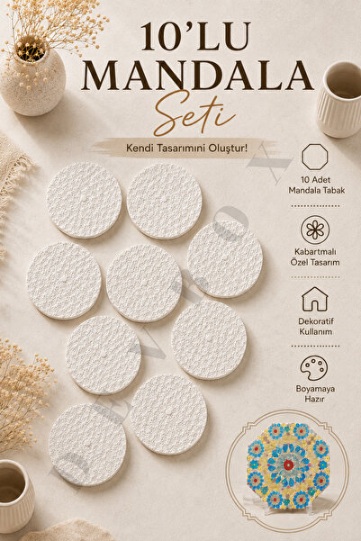 devhome 10’lu Mandala Boyama Tabağı Dekoratif Alçı Taş Hobi Sanat Etkinlik Bo...
