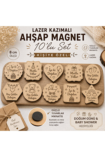 Kutup Yıldızı Tasarım Atölyesi Kişiye Özel Ahşap Magnet 10’lu Set Lazer Kazım...