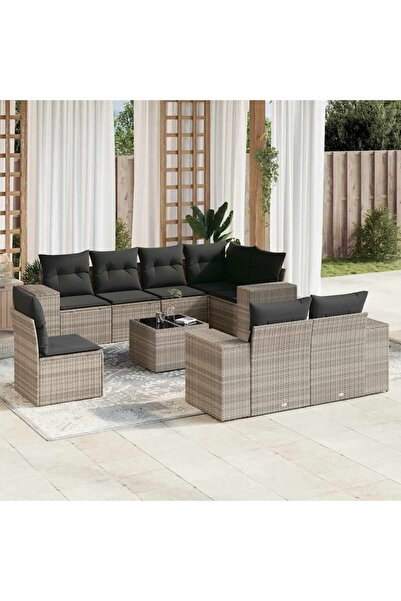 vidaxl Garden sofa set with cushions, 9 pieces, light grey, polyrattan