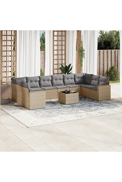 vidaxl Garden sofa set with cushions, 11 pieces, beige, polyrattan