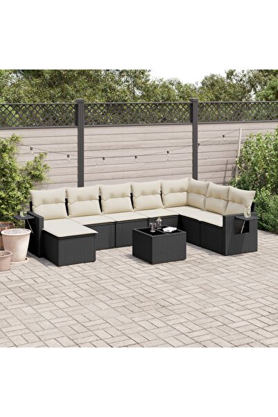 vidaxl Garden furniture set with cushions, 9 pieces, black, polyrattan