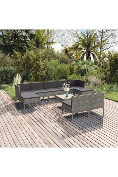vidaxl Set mobilier de gradina cu perne, 10 piese, gri, poliratan