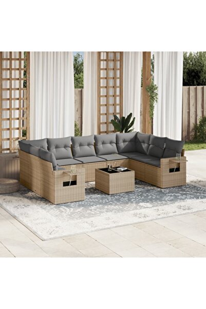 vidaxl Garden sofa set with cushions, 10 pieces, beige, polyrattan