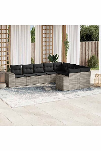 vidaxl Garden sofa set with cushions, 9 pieces, light grey, polyrattan