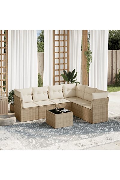vidaxl Garden sofa set, 7 pieces, with cushions, beige, polyrattan
