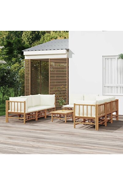 Concept Set mobilier de grădină, cu perne alb crem, 9 piese, bambus