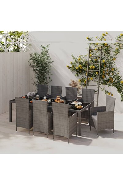 vidaxl Set mobilier de gradina cu perne, 9 piese, gri, poliratan