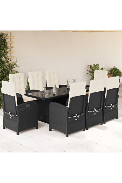 vidaxl Garden furniture set with cushions, 9 pieces, black, polyrattan