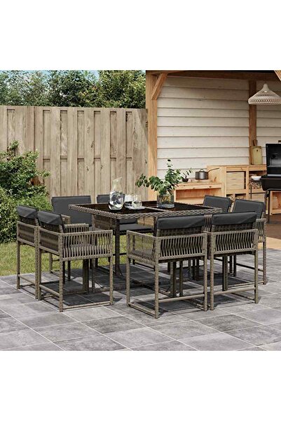 vidaxl Set mobilier gradina cu perne, 9 piese, gri, poliratan