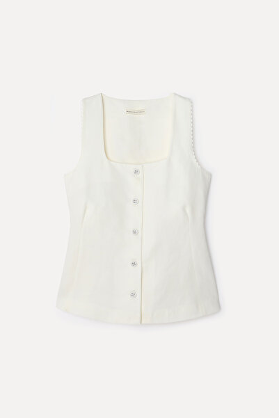 Mudo Women's Off-White Fitted U-Neck Sleeveless Linen Blouse