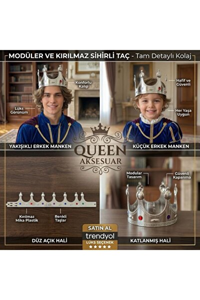 QUEEN AKSESUAR Lüks görünümlü taşlı Kral Prens erkek çocuk tacı mika kırılmaz...