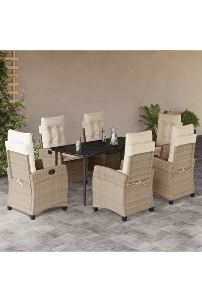vidaxl 7-piece garden table set with cushions, beige, polyrattan