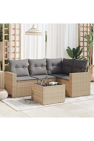 vidaxl Garden sofa set with cushions, 5 pieces, beige, polyrattan
