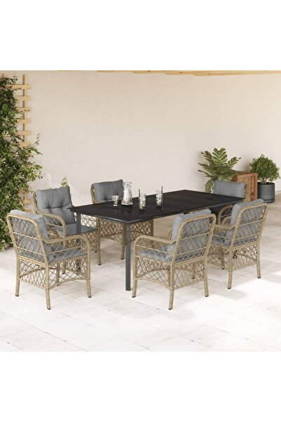 vidaxl 7-piece garden furniture set with cushions, beige, polyrattan