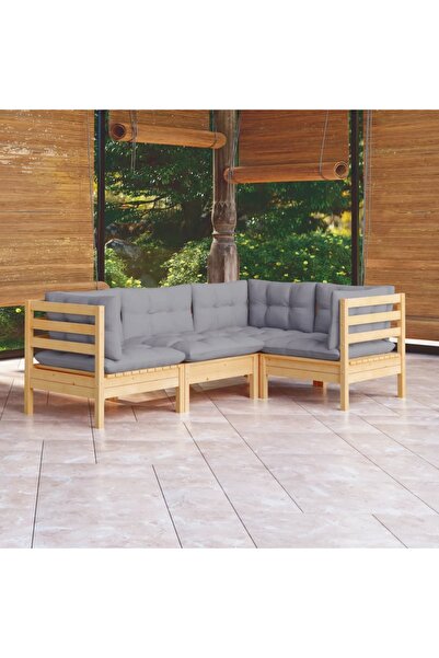 vidaxl Set mobilier gradina cu perne, 4 piese, gri, lemn de pin