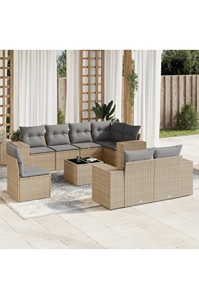 vidaxl Garden sofa set, 9 pieces, with cushions, beige, polyrattan