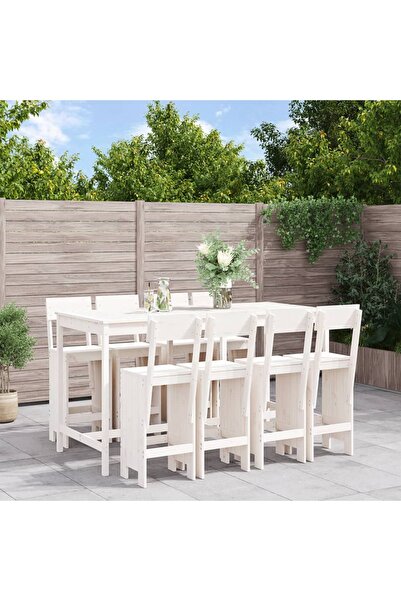 vidaxl Set bar de gradina, 9 piese, alb, lemn masiv de pin