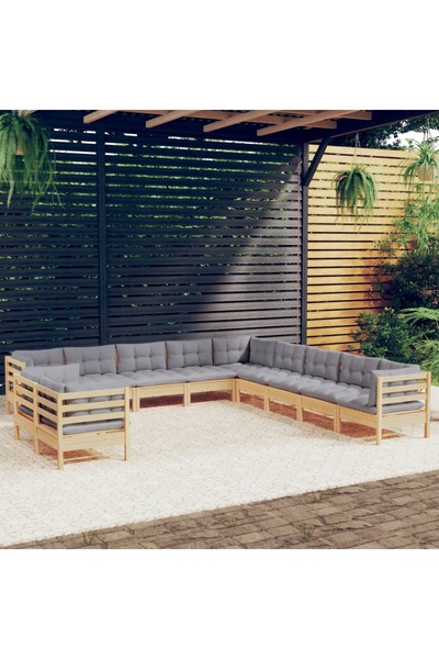 vidaxl Set mobilier gradina cu perne, 11 piese, gri, lemn masiv pin
