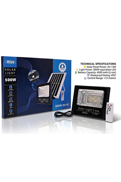 RUAY كشاف LED شمسي بقوة 500 واط للاستخدام الخارجي مقاوم للماء IP67 مع لوحة شم...