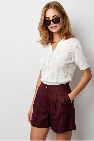 Olalook Women's Ecru Viscose Polo Collar Openwork Draped Knitwear Blouse Blz-...