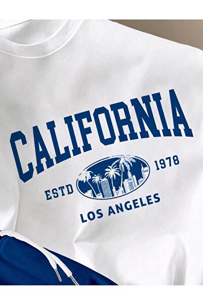 trendgar Saks Mavisi Şort Ve Beyaz California Basklı Tişört Alt Üst Takım