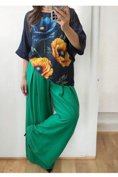 GLAMSI Pantaloni evazați din vâscoză cu centură inclusă